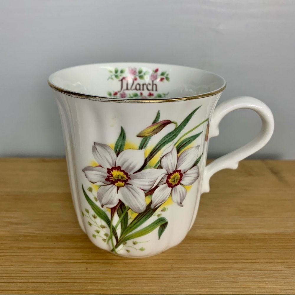 Vintage “March” Floral Bone China Mug with Gold Accents